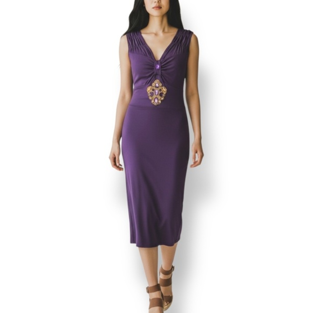 4/$20 Grifflin Paris Purple Embellished Midi Dress Jeweled Stretch Sheath Size S